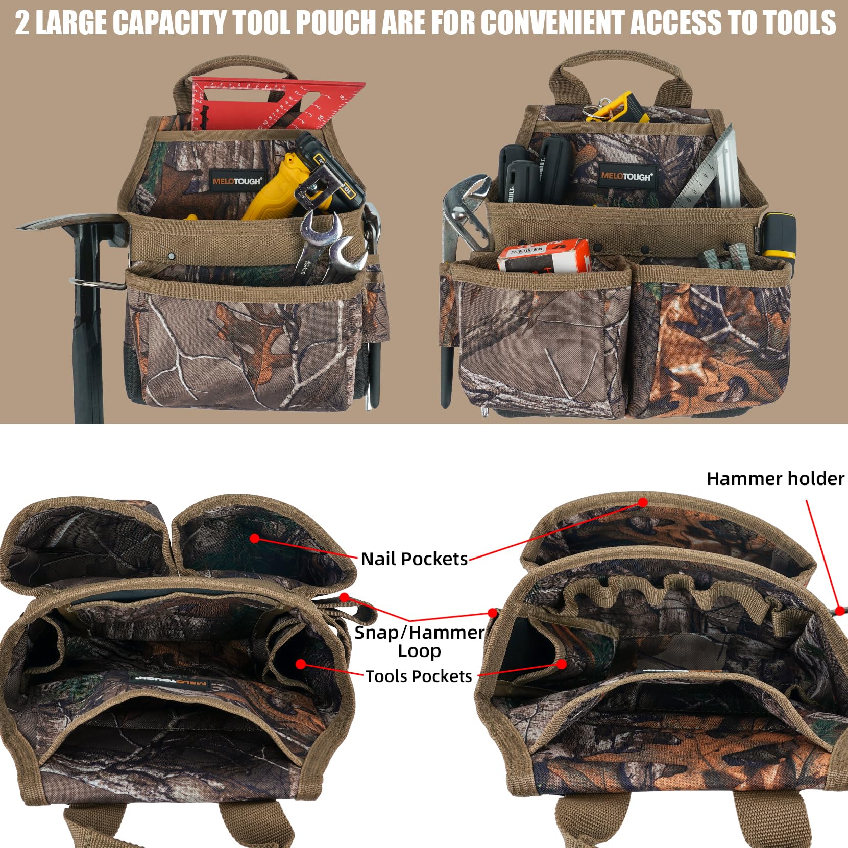 MELOTOUGH camo tool belt suspenders setup keeps weight evenly distributed for comfort.