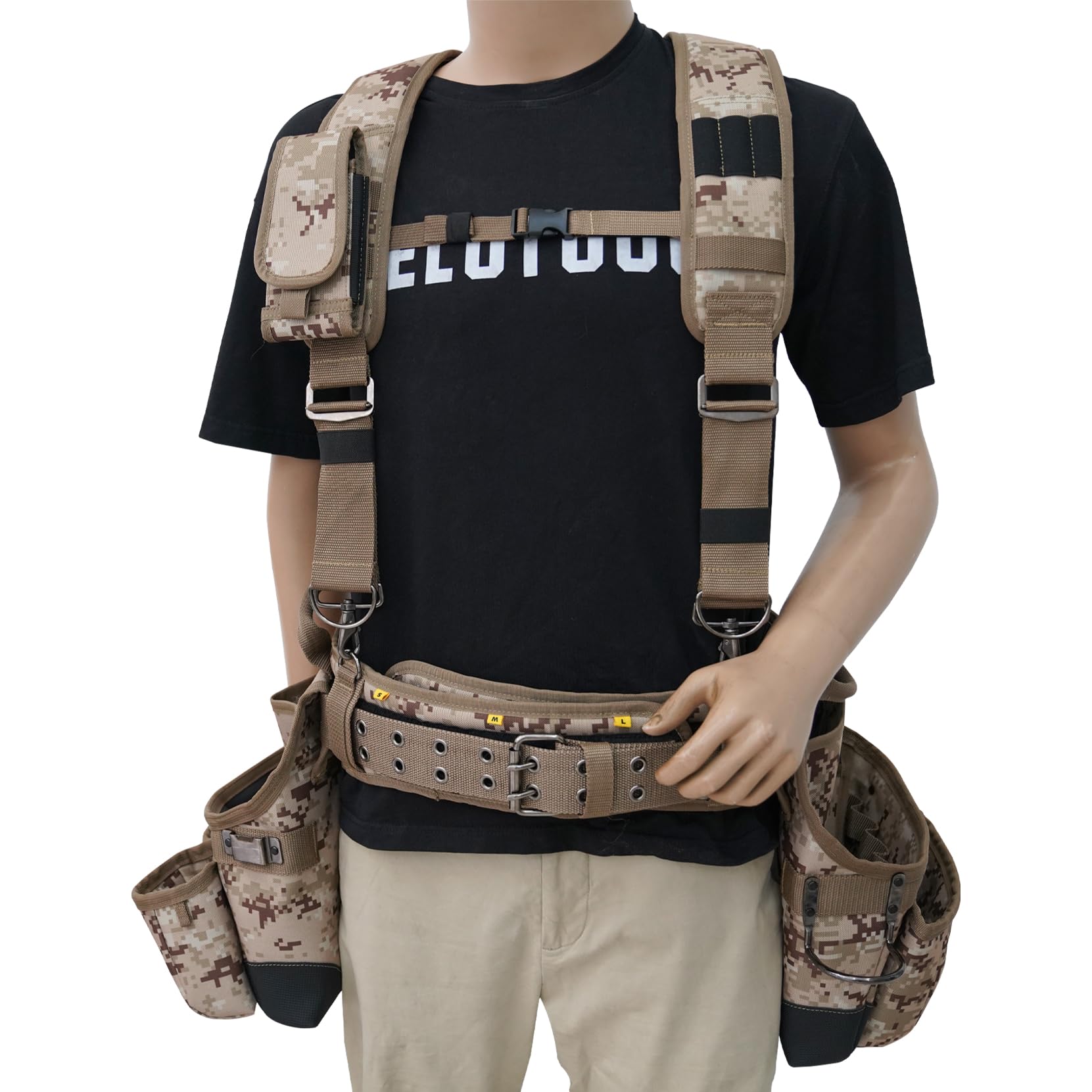 MELOTOUGH camo belt setup with suspenders attached for balanced weight