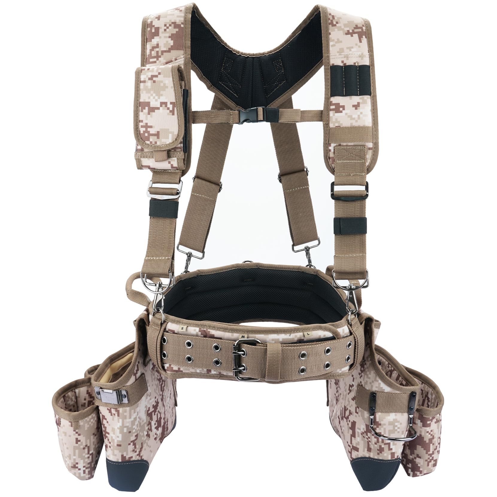 MELOTOUGH camo tool belt with suspenders shows full system for organized on-site work