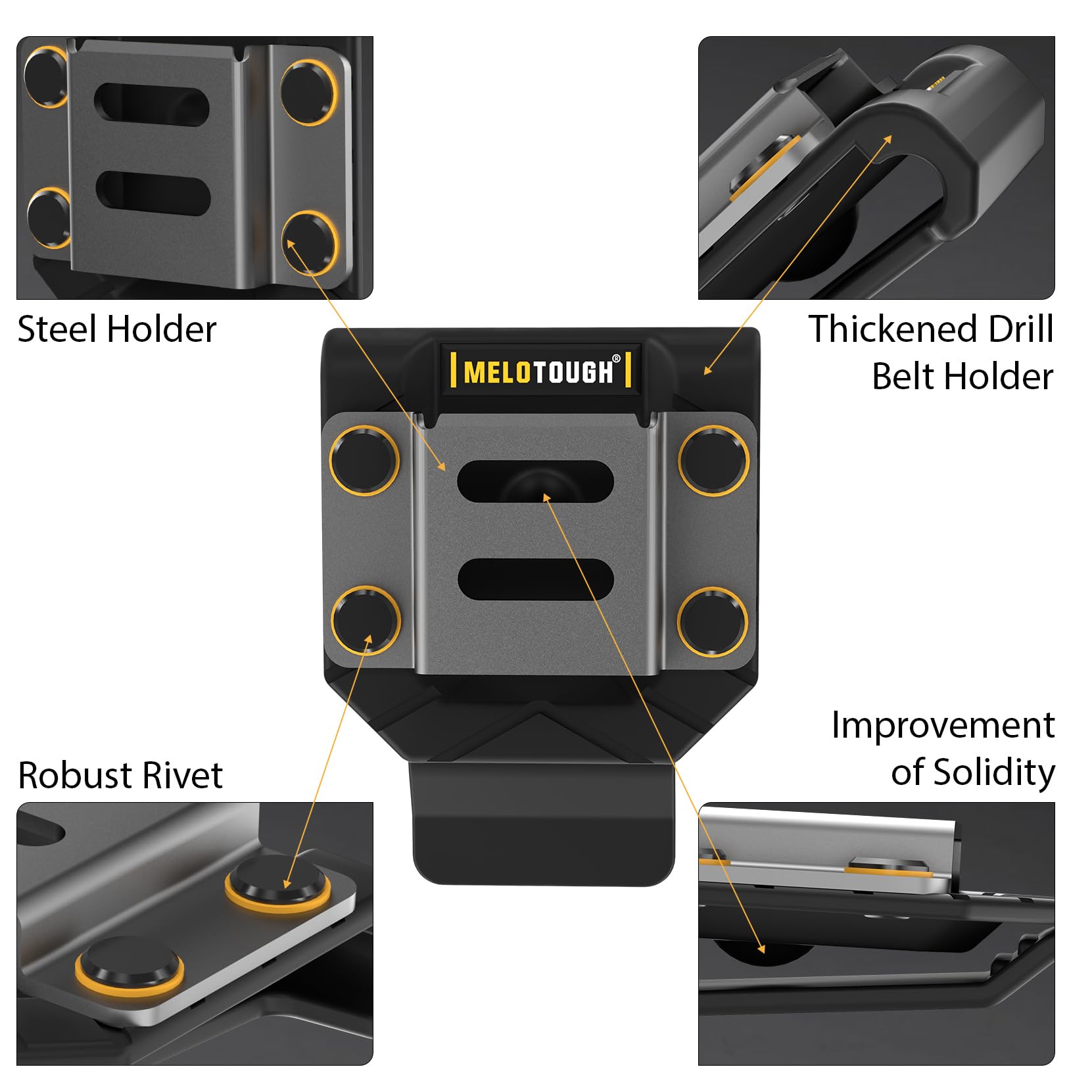MELOTOUGH drill holder on belt keeps tools within arm's reach on site