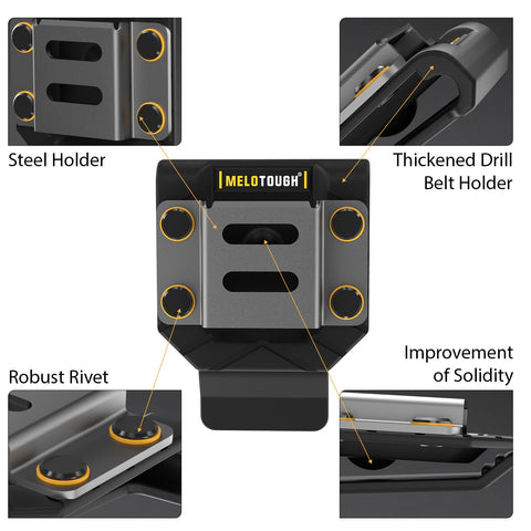 MELOTOUGH drill holder on belt keeps tools within arm's reach on site