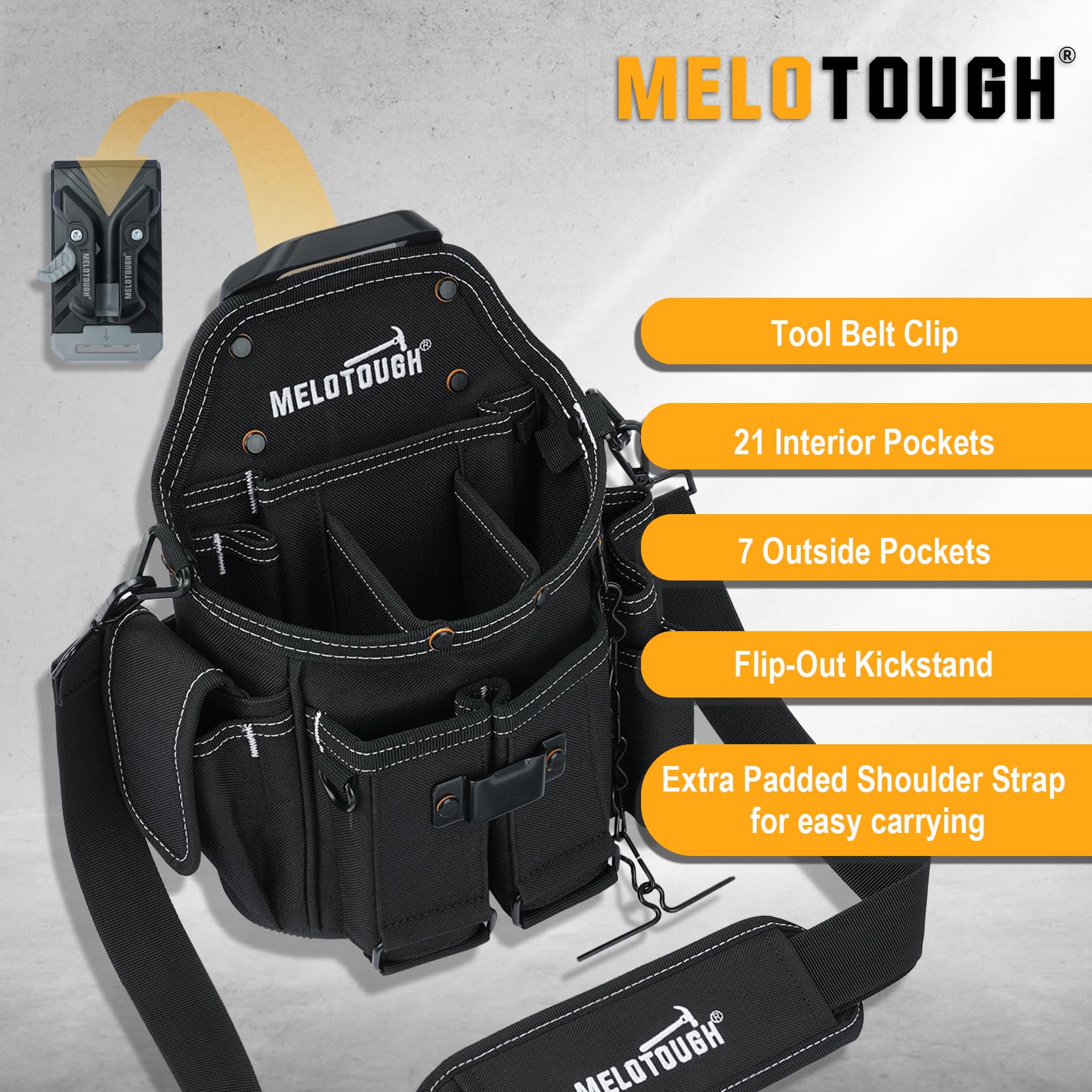MELOTOUGH external pockets offer quick access to tape and pliers.