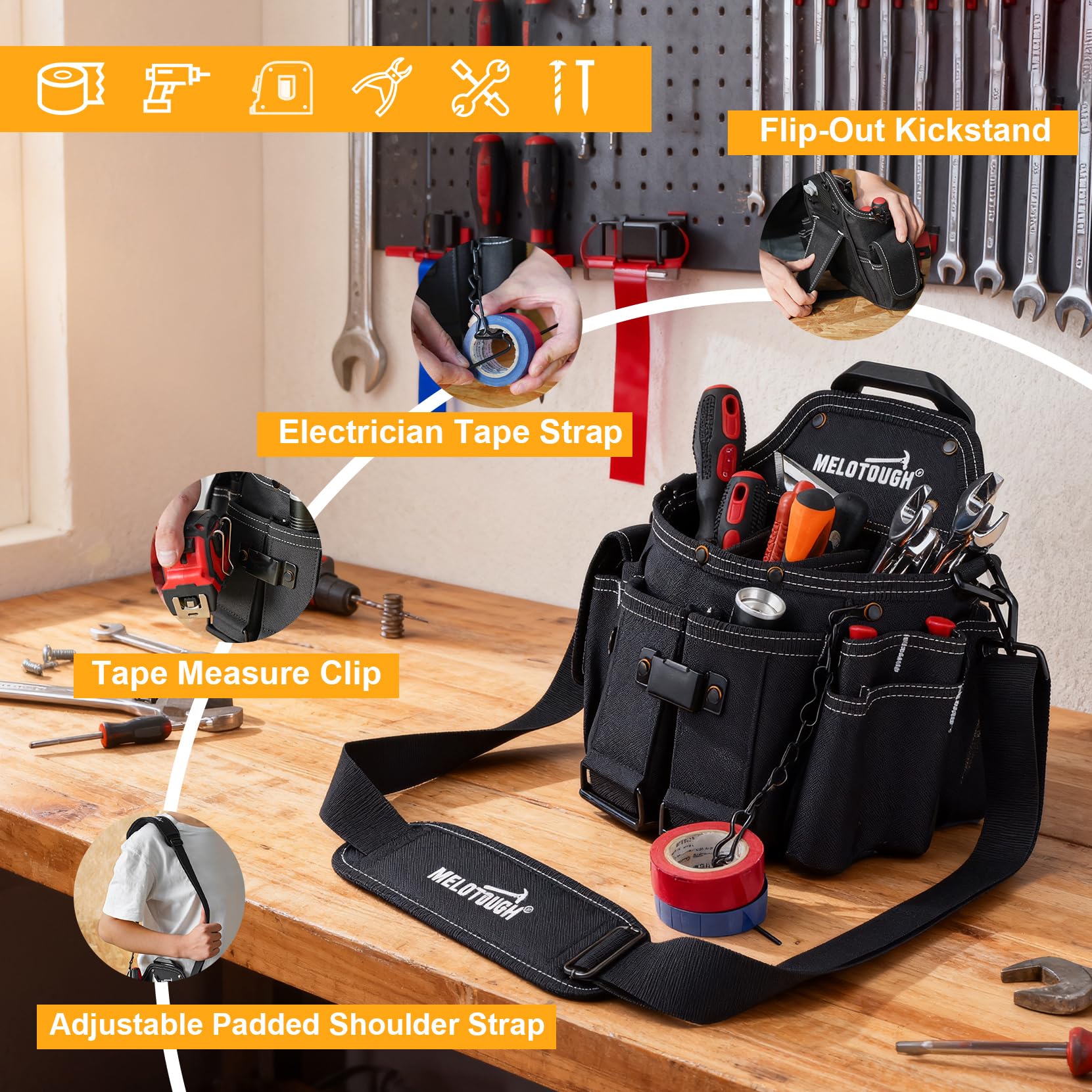 MELOTOUGH 16 internal pockets organize wrenches and screwdrivers at your fingertips.