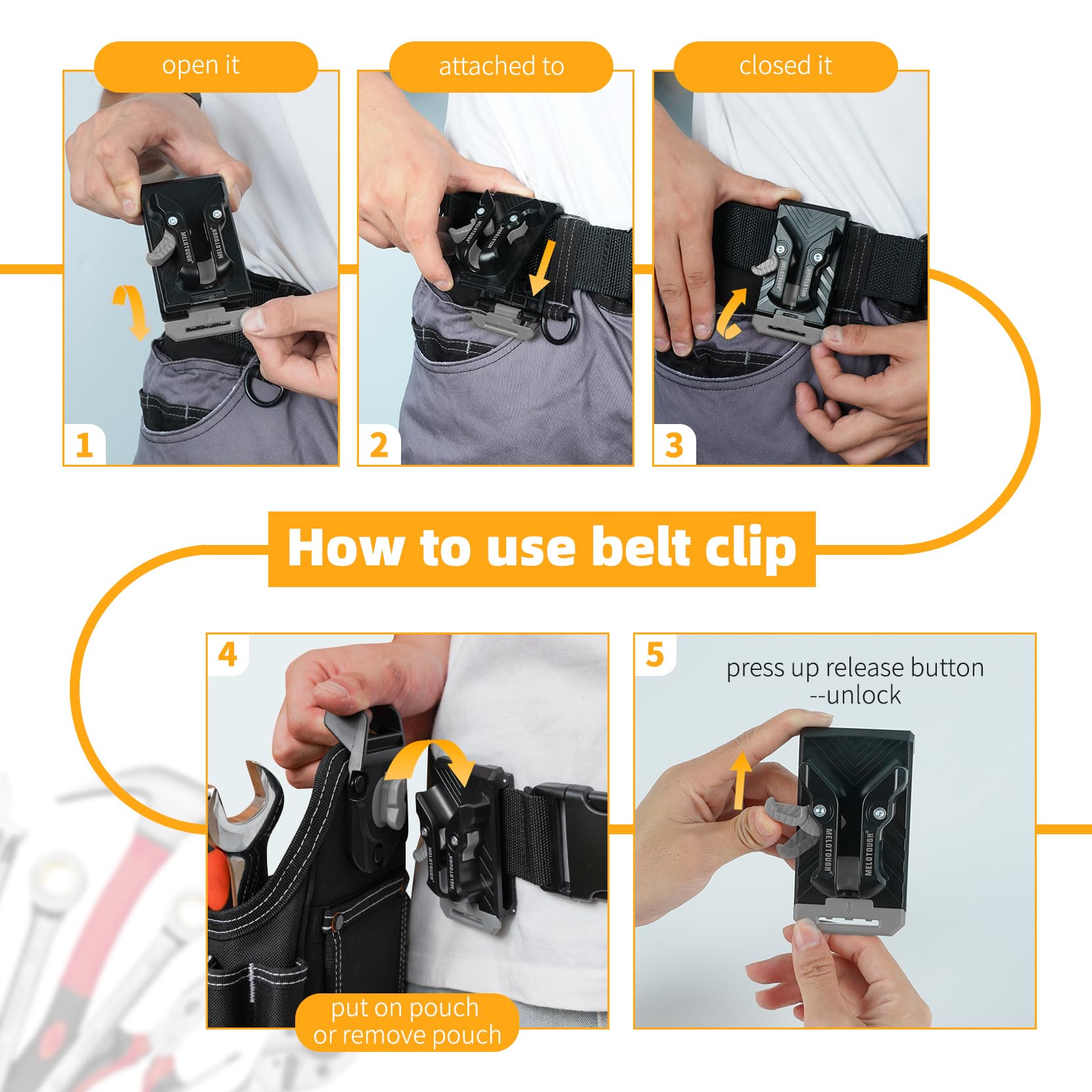 MELOTOUGH metal tape clip keeps measuring tapes secure while moving.