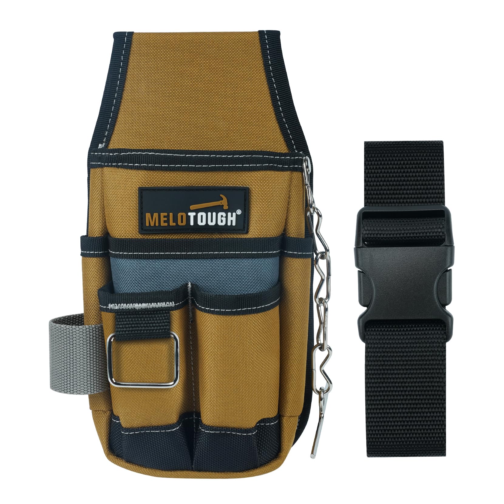 MELOTOUGH brown pocket tool pouch front view showing six pockets for easy tools