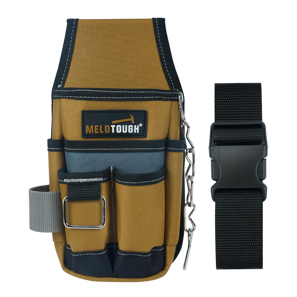 MELOTOUGH brown pocket tool pouch front view showing six pockets for easy tools