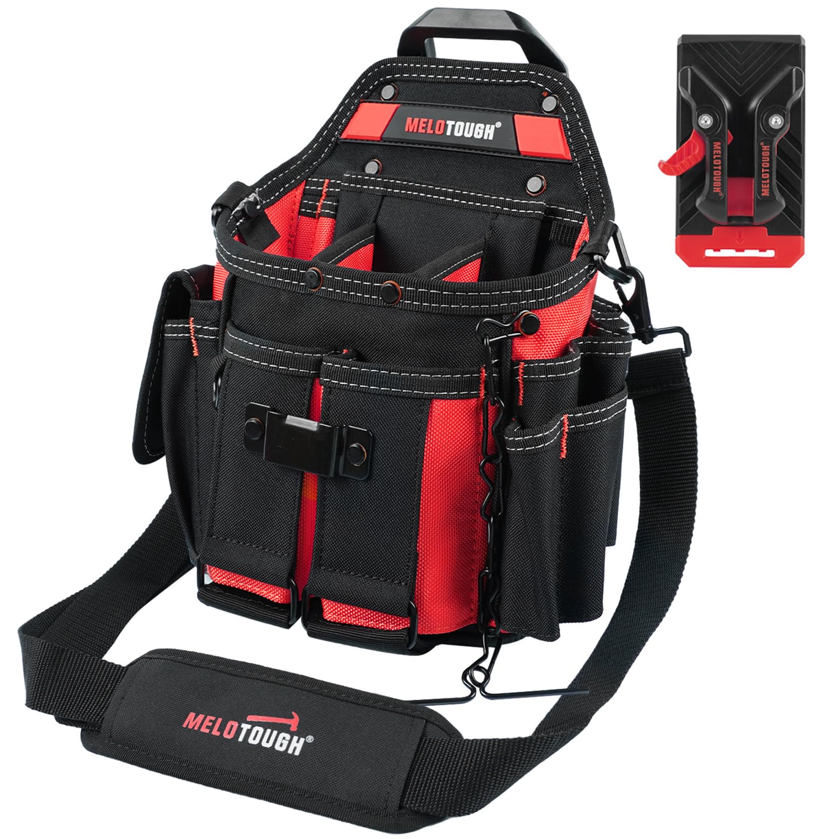 MELOTOUGH professional tool pouch with kickstand design for stable ground use.