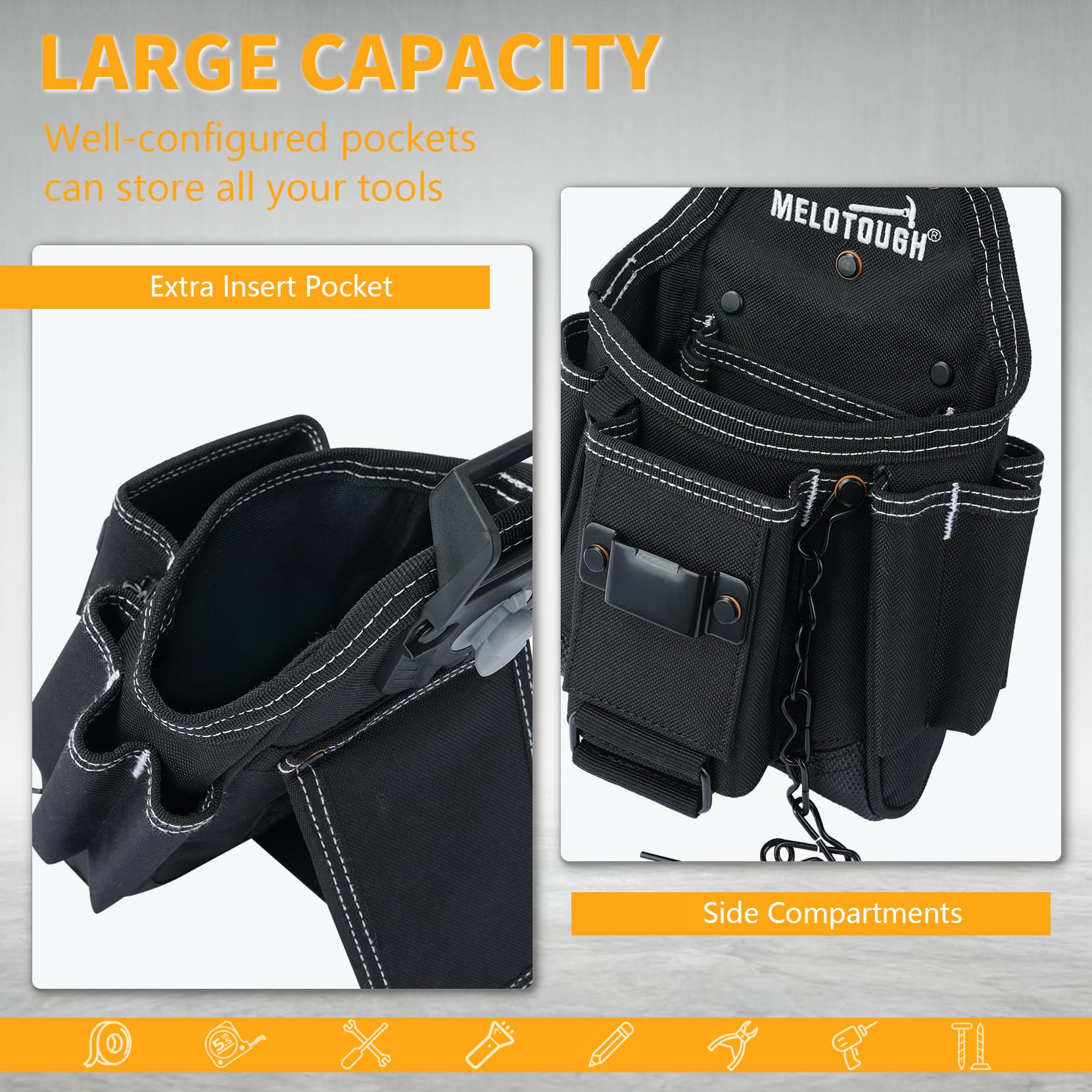 MELOTOUGH quick-detach belt clip allows on/off at a snap