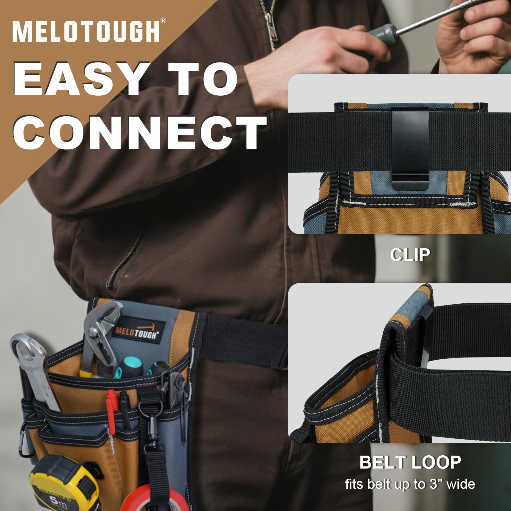 MELOTOUGH rear metal clip attachment gives flexible rock-solid positioning