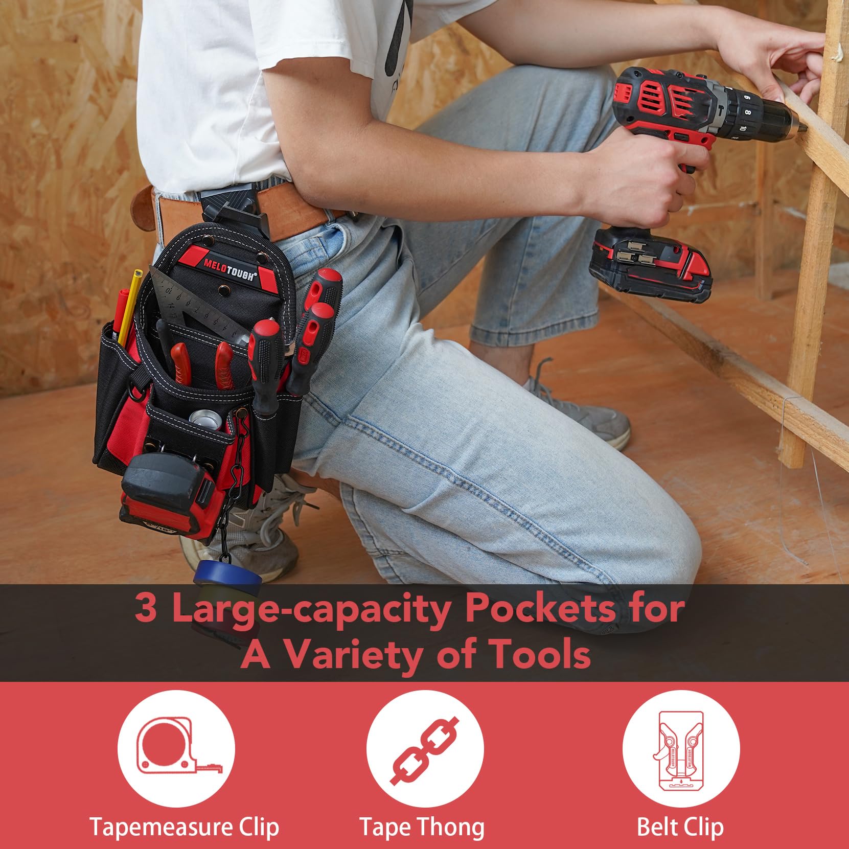 MELOTOUGH adjustable tool pocket adapts to tool sizes