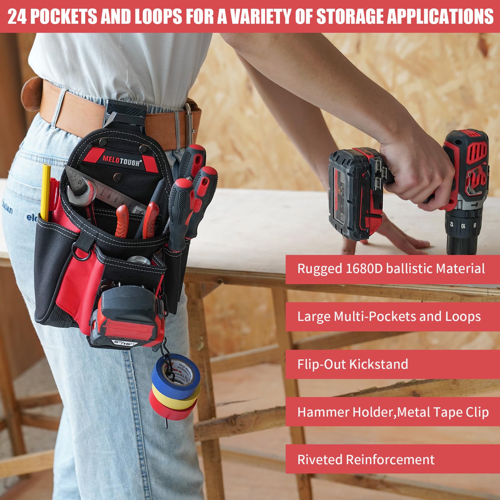MELOTOUGH kickstand keeps the pouch upright on the ground