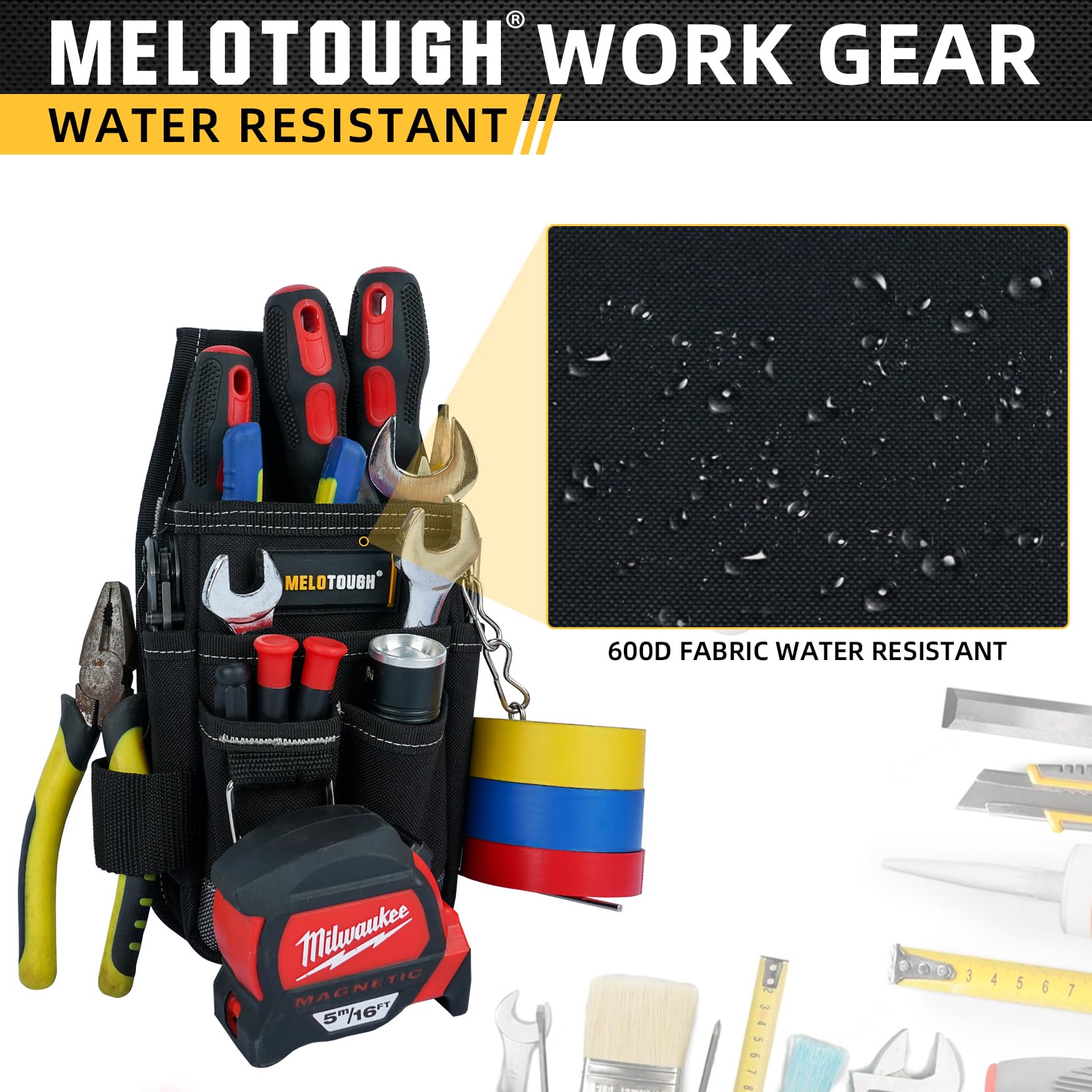 MELOTOUGH tape-measure buckle keeps measurements secure during jobsite movements.