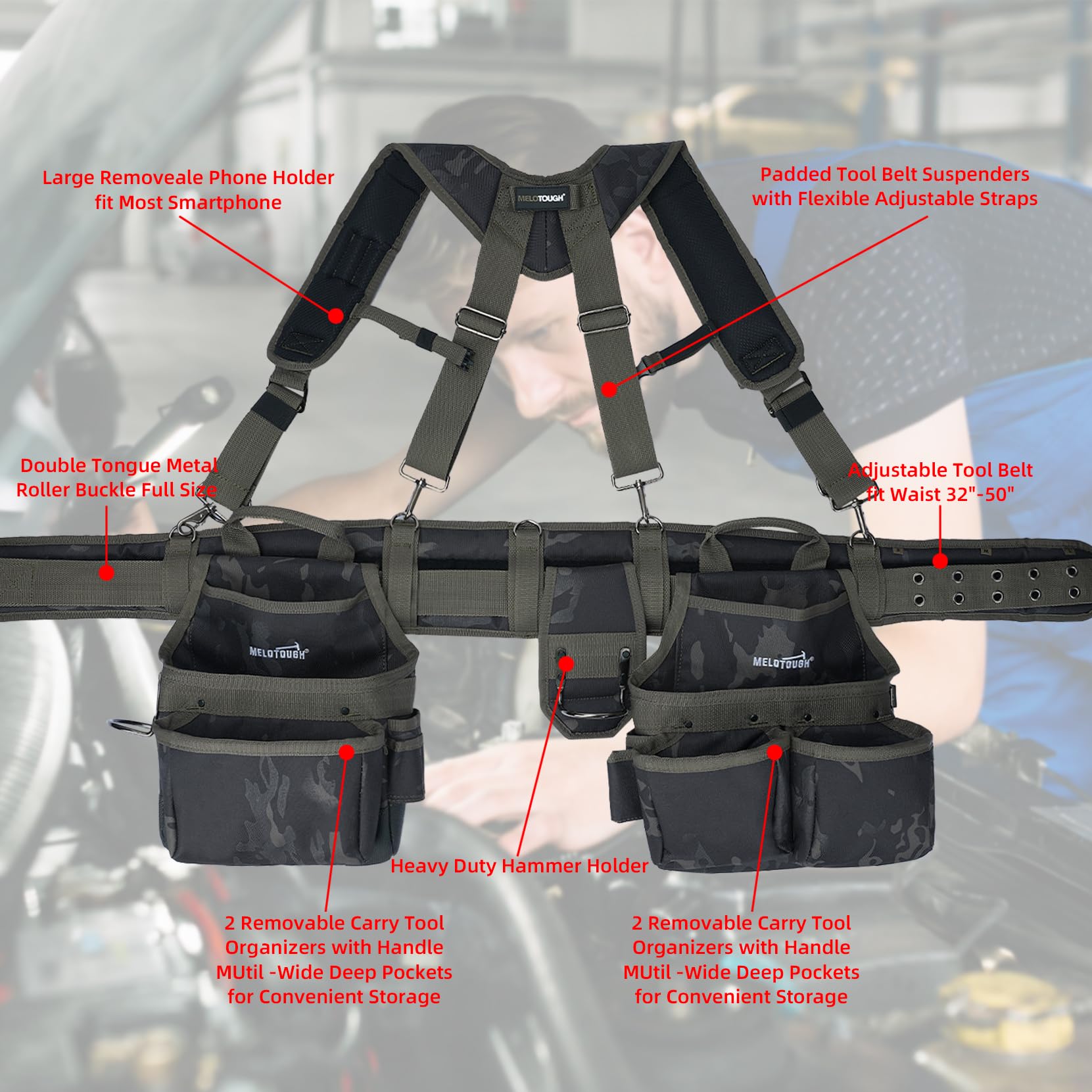 MELOTOUGH tool belt pockets inside view show organized tool storage