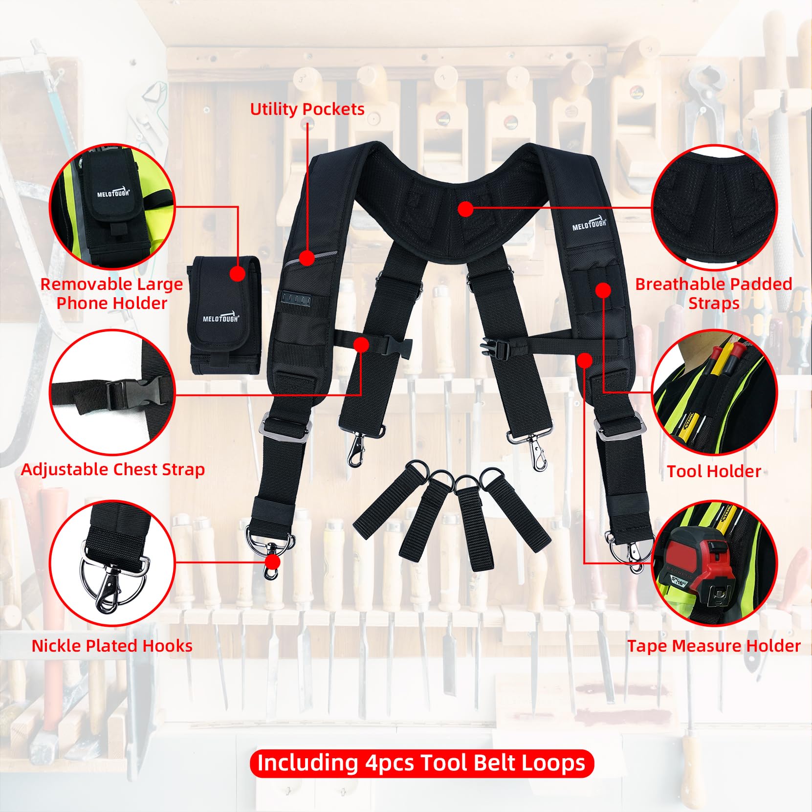 MELOTOUGH suspenders back view showing adjustable fit for diverse body sizes