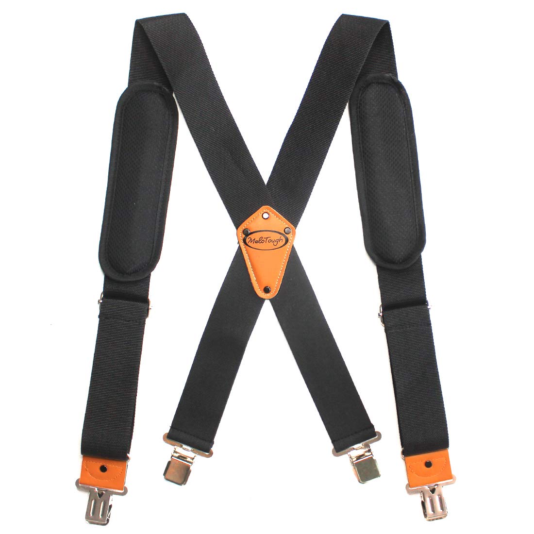 MELOTOUGH tool belt suspenders front view showing durable front webbing for secure belt support