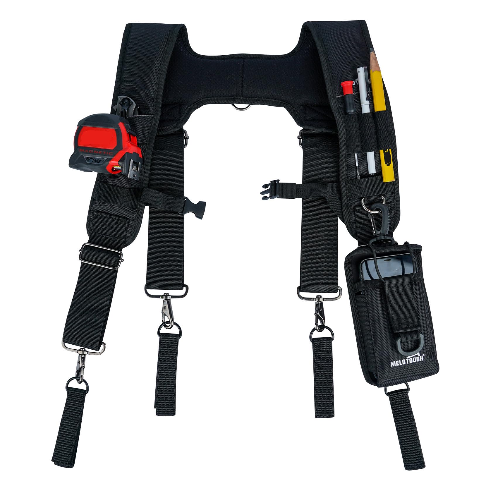 MELOTOUGH tool belt suspenders strap attachment for secure tool access.