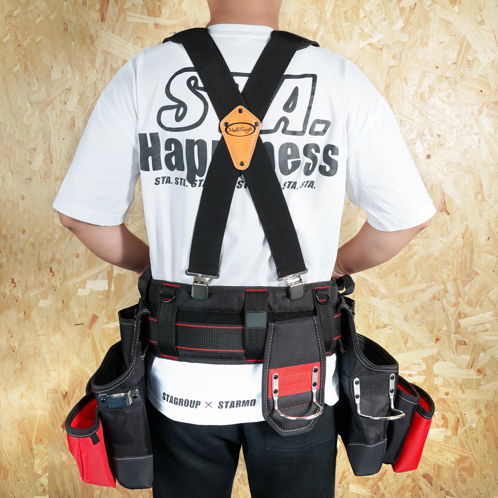 MELOTOUGH tool belt suspenders worn with tool belt demonstrating practical setup