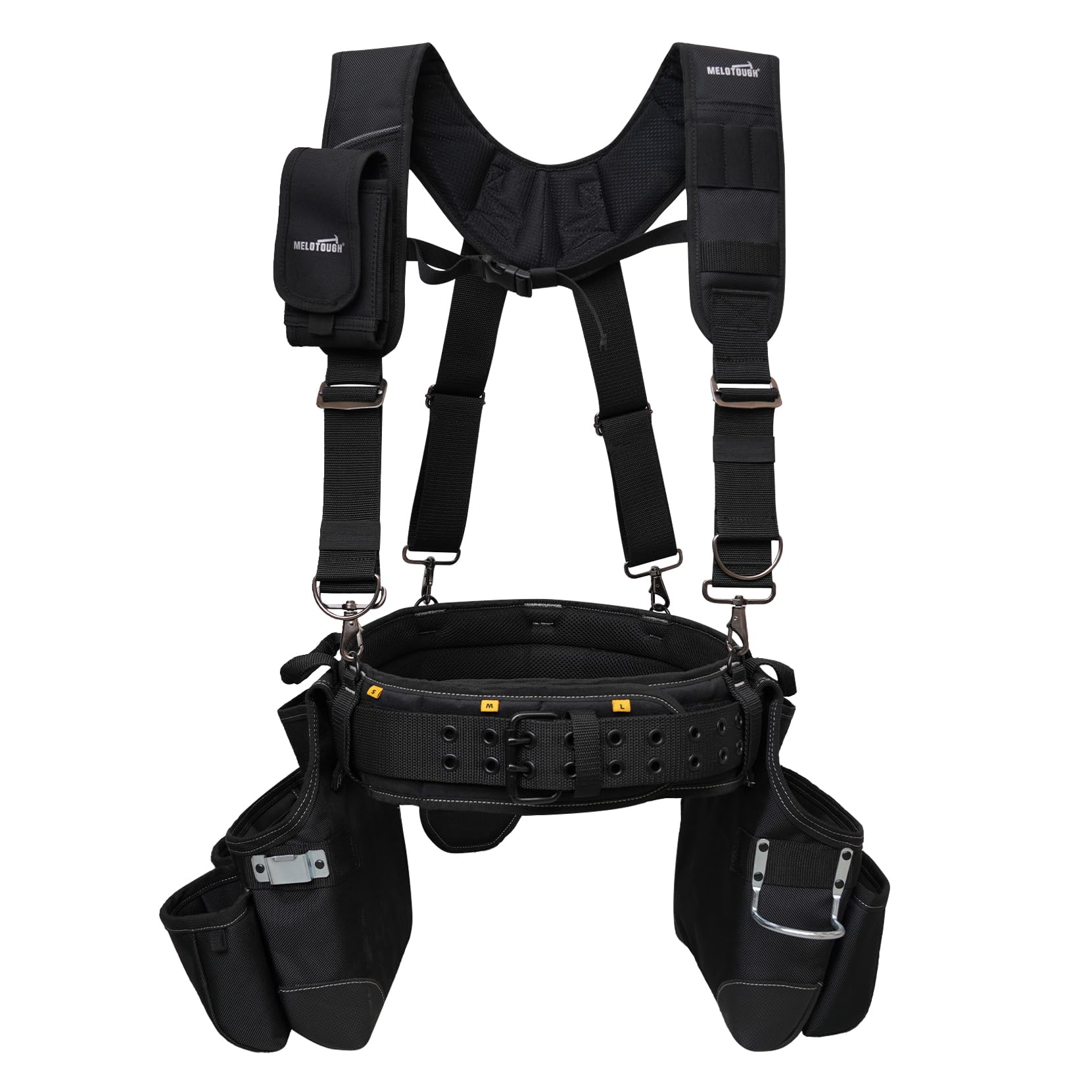 MELOTOUGH tool belt with suspenders shows adjustable fit for all-day comfort