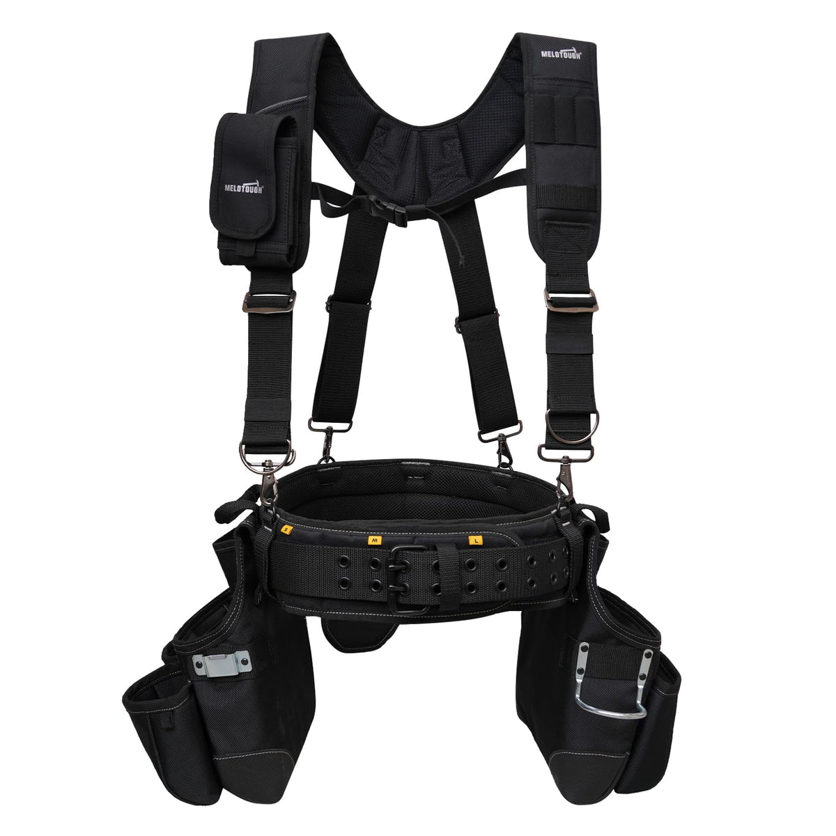 MELOTOUGH tool belt with suspenders shows adjustable fit for all-day comfort