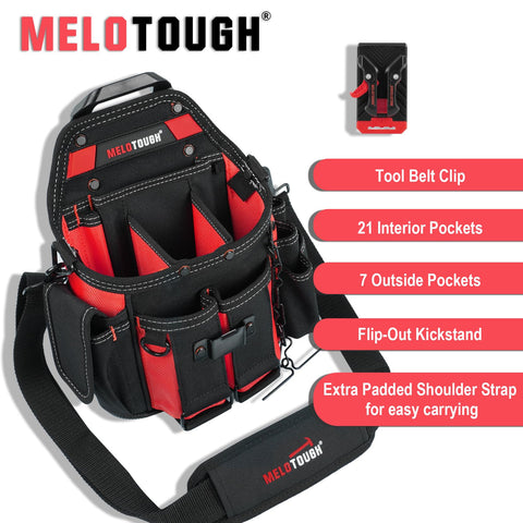 MELOTOUGH pouch includes metal tape clip for easy access during jobs.