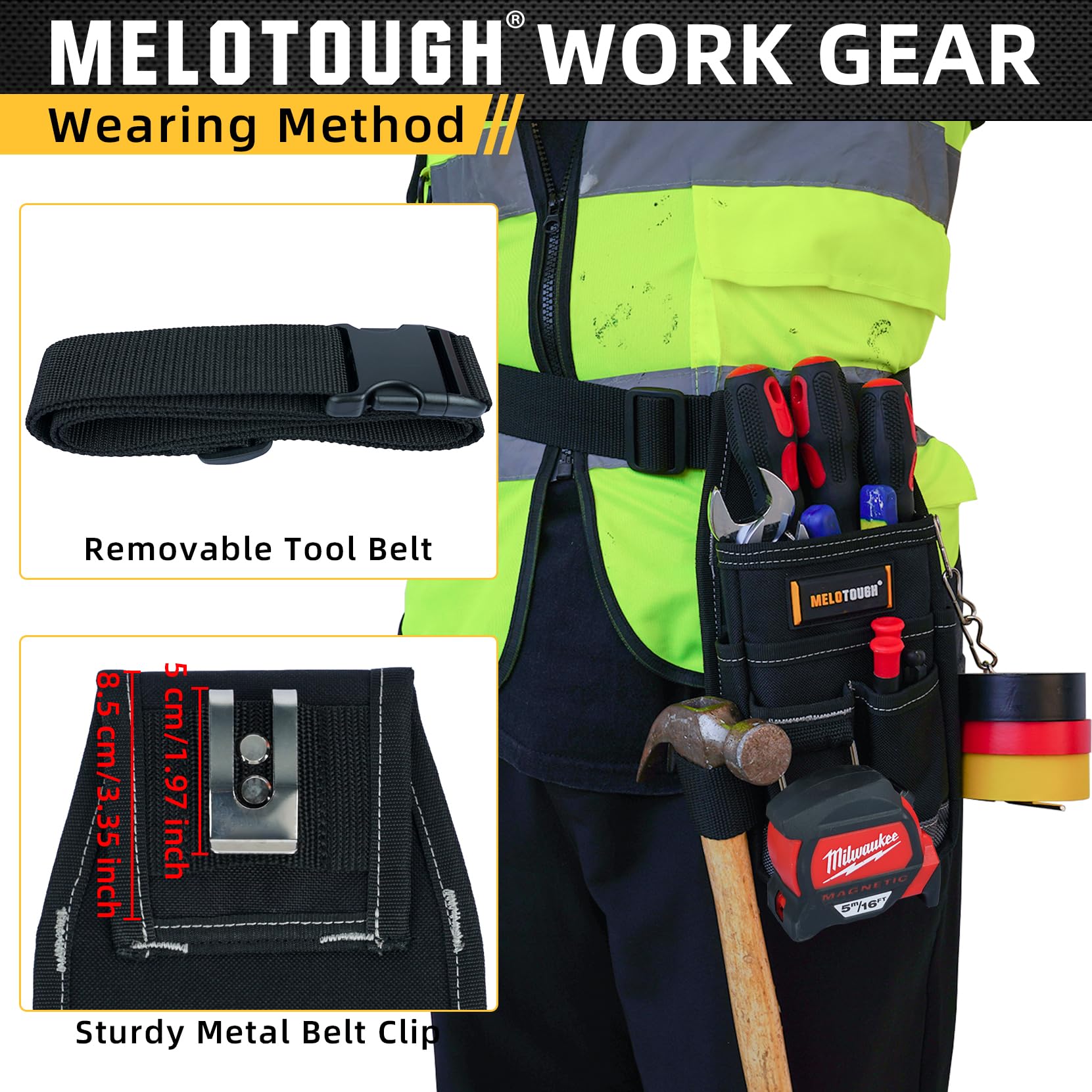MELOTOUGH six-pocket layout holds pliers, screwdrivers, and tape measures for efficiency.