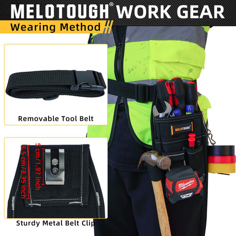 MELOTOUGH six-pocket layout holds pliers, screwdrivers, and tape measures for efficiency.