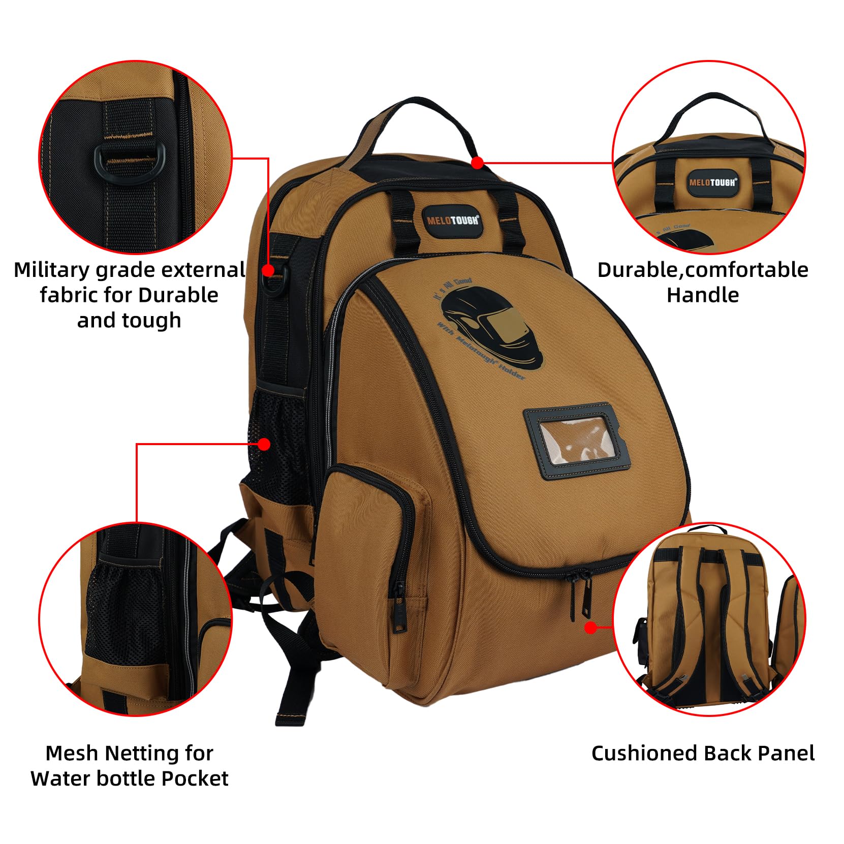 MELOTOUGH welding backpack back panel highlighting padded shoulder straps for comfort.