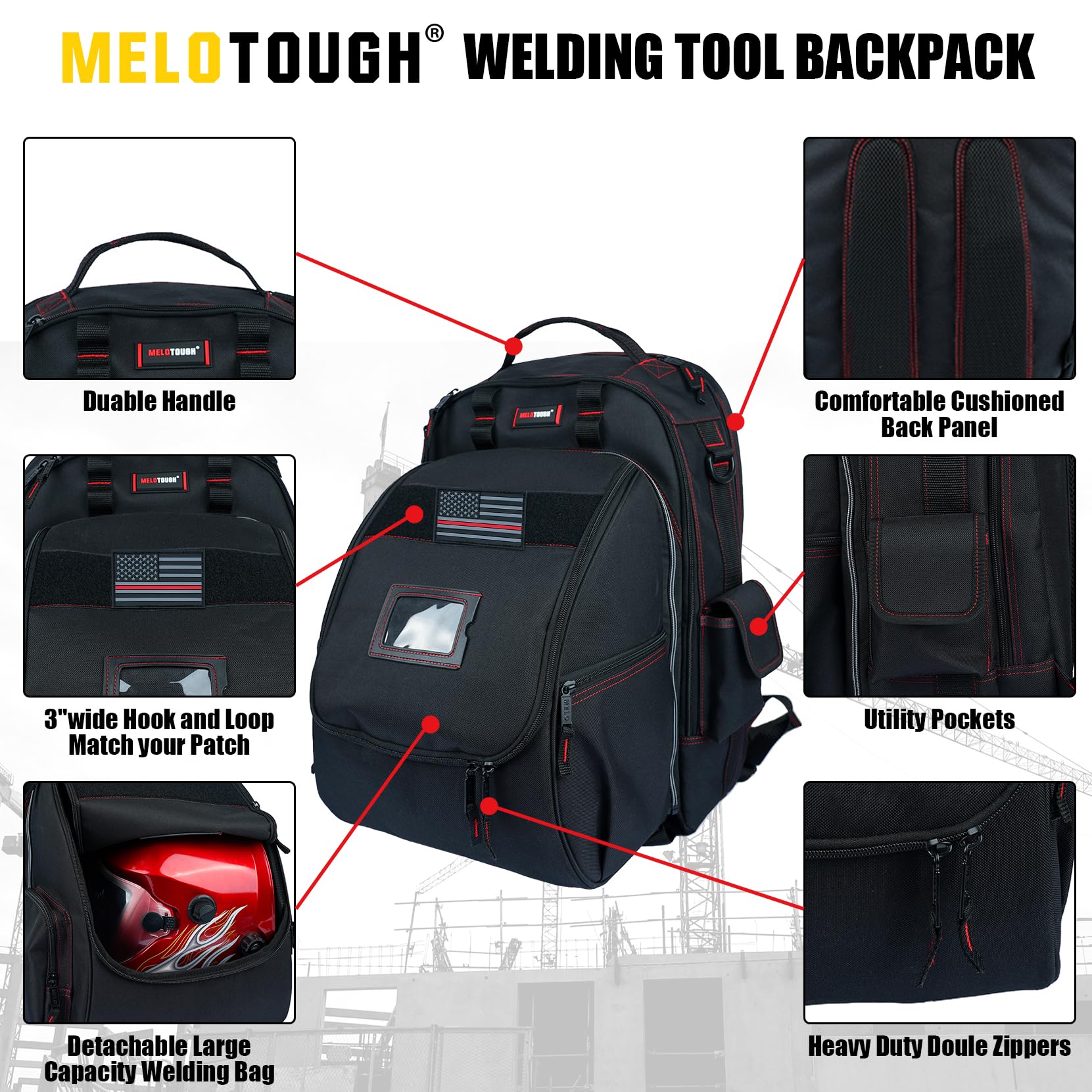 MELOTOUGH welding backpack with detachable helmet bag for secure helmet storage