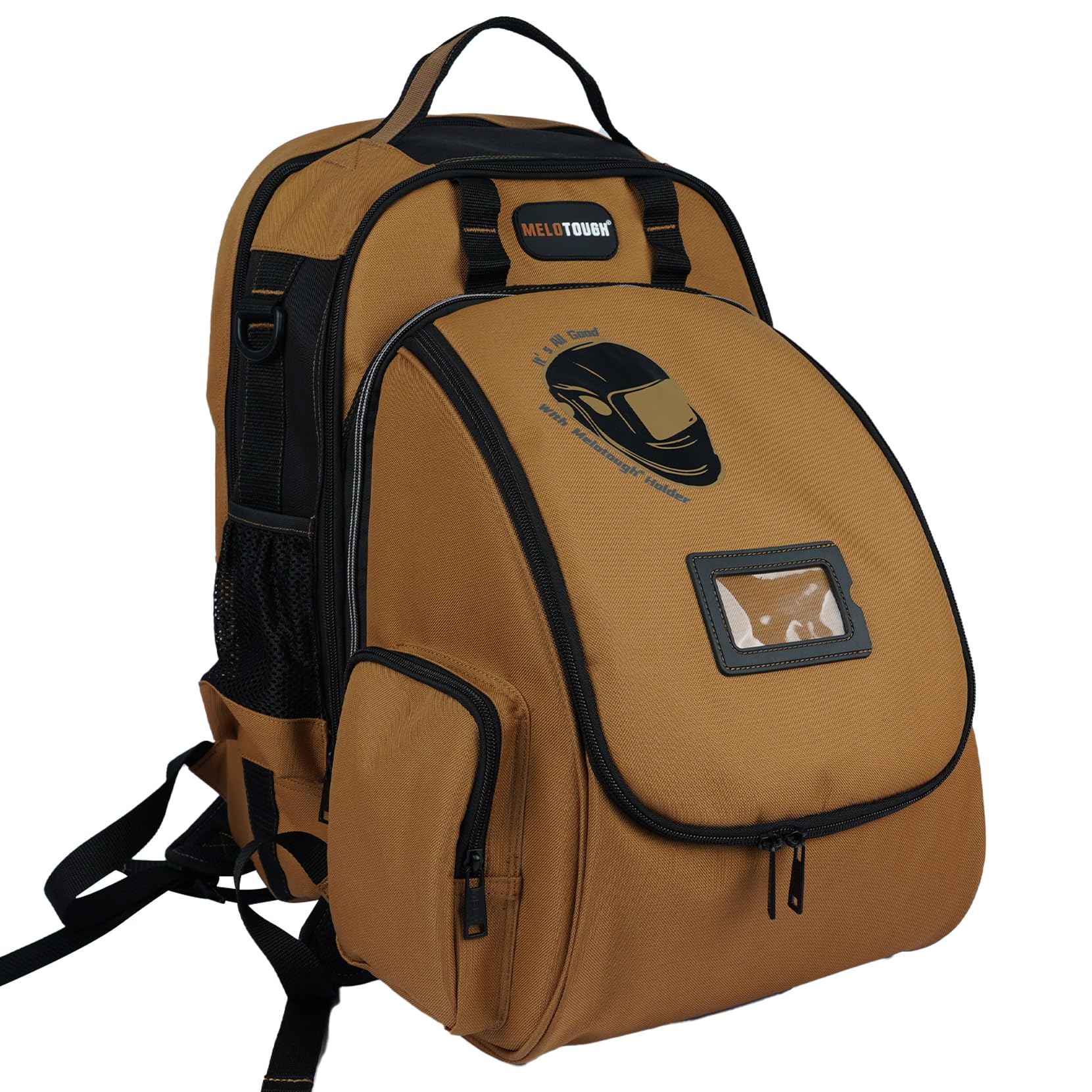 MELOTOUGH welding backpack front compartment organized tool layout for quick access.