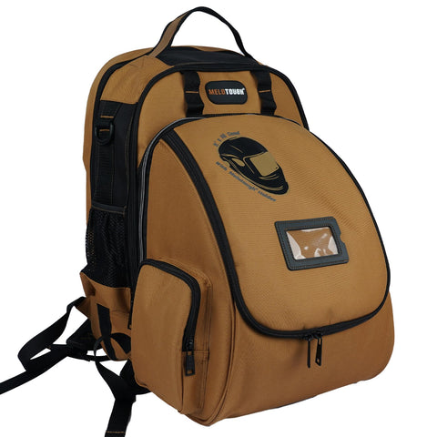 MELOTOUGH welding backpack front compartment organized tool layout for quick access.