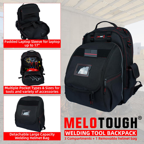 MELOTOUGH backpack front compartments organize helmets and tools efficiently
