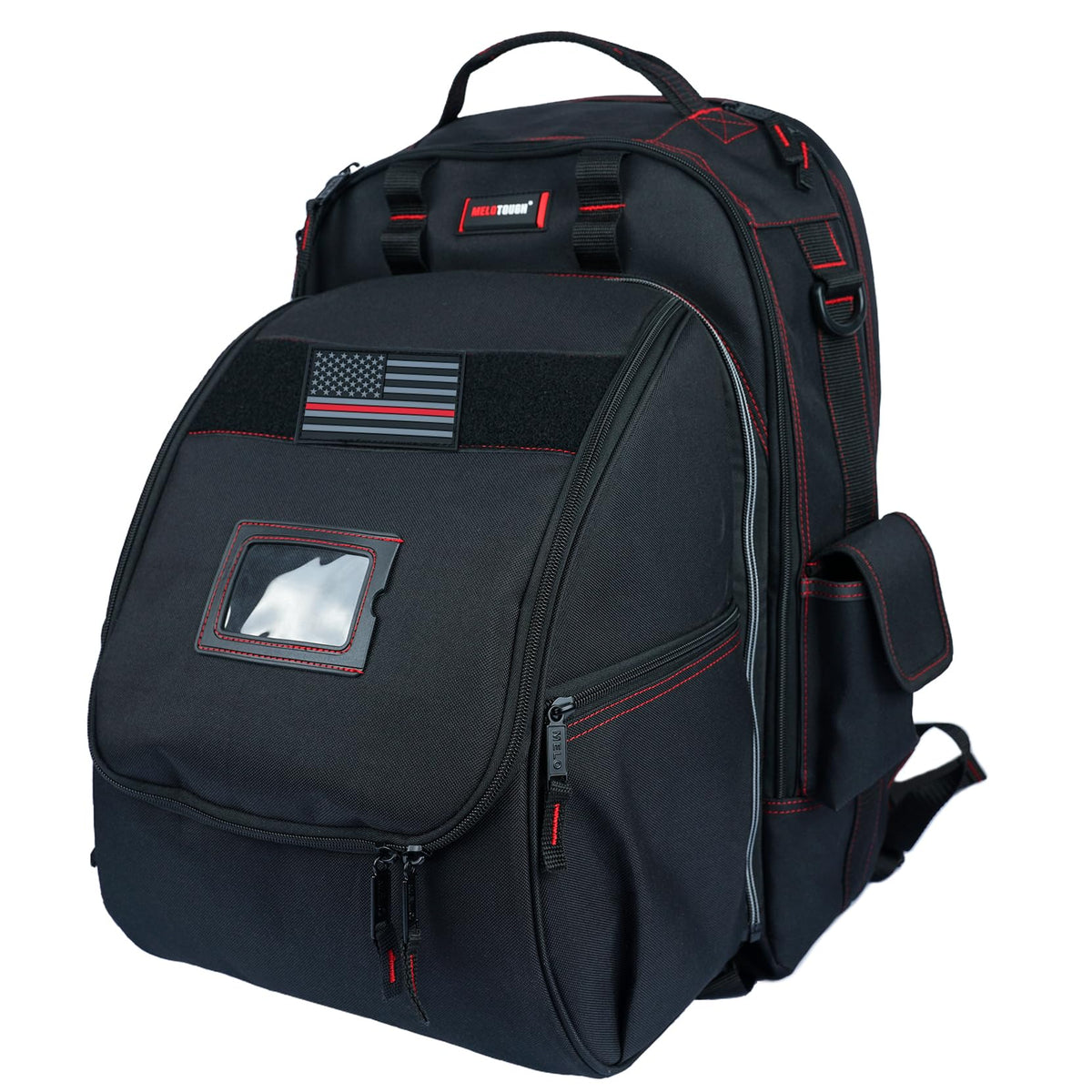 MELOTOUGH welding backpack front view shows rugged design with ample tool storage