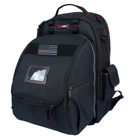 MELOTOUGH welding backpack front view shows rugged design with ample tool storage