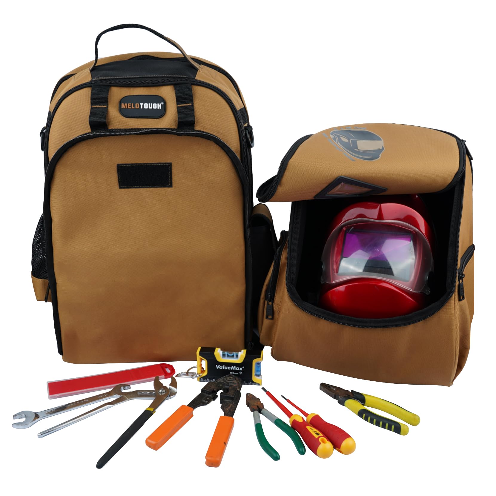 MELOTOUGH welding backpack laptop pocket accommodates up to 17 inches.