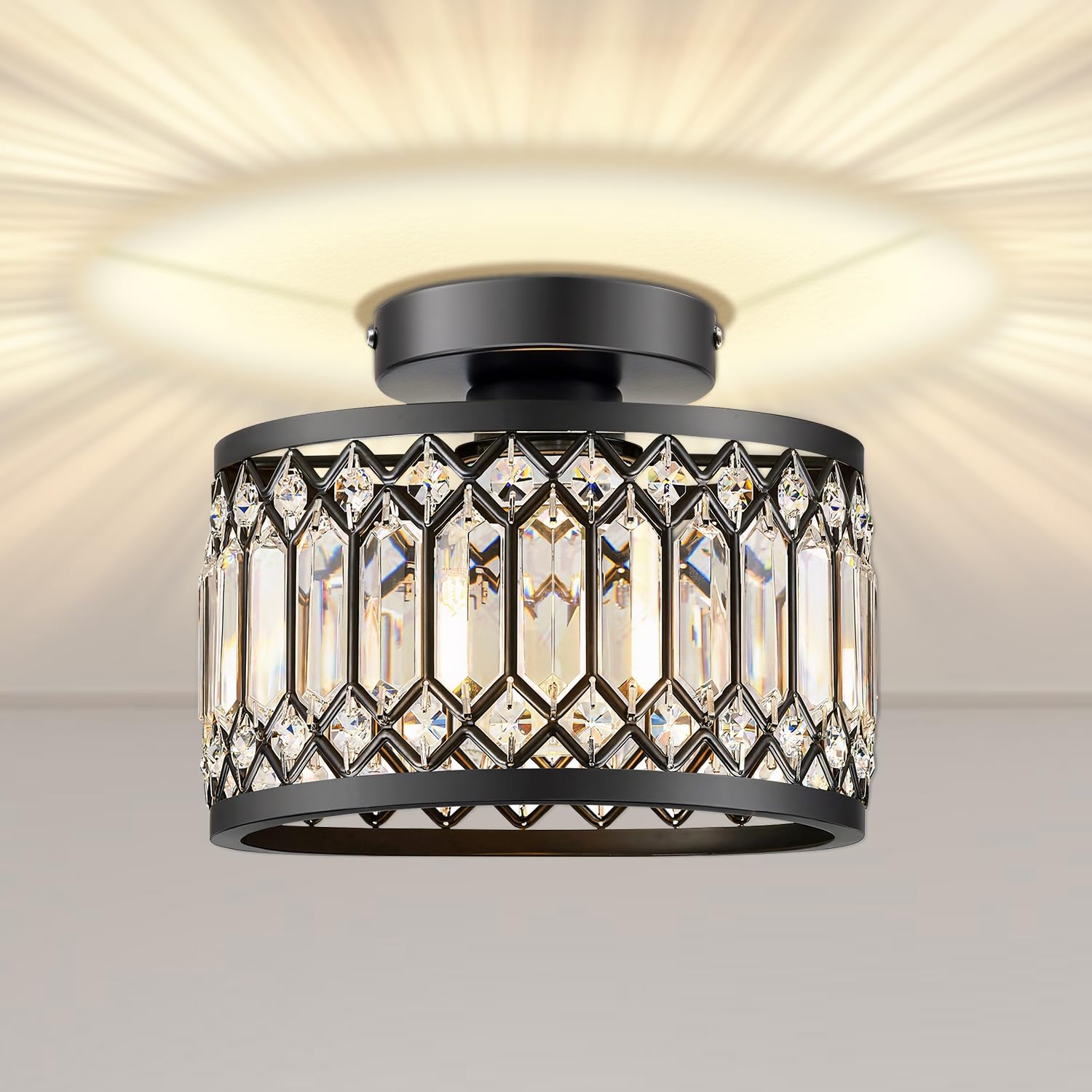 Melovom Crystal Ceiling Light front view showcases elegant crystals for living spaces.