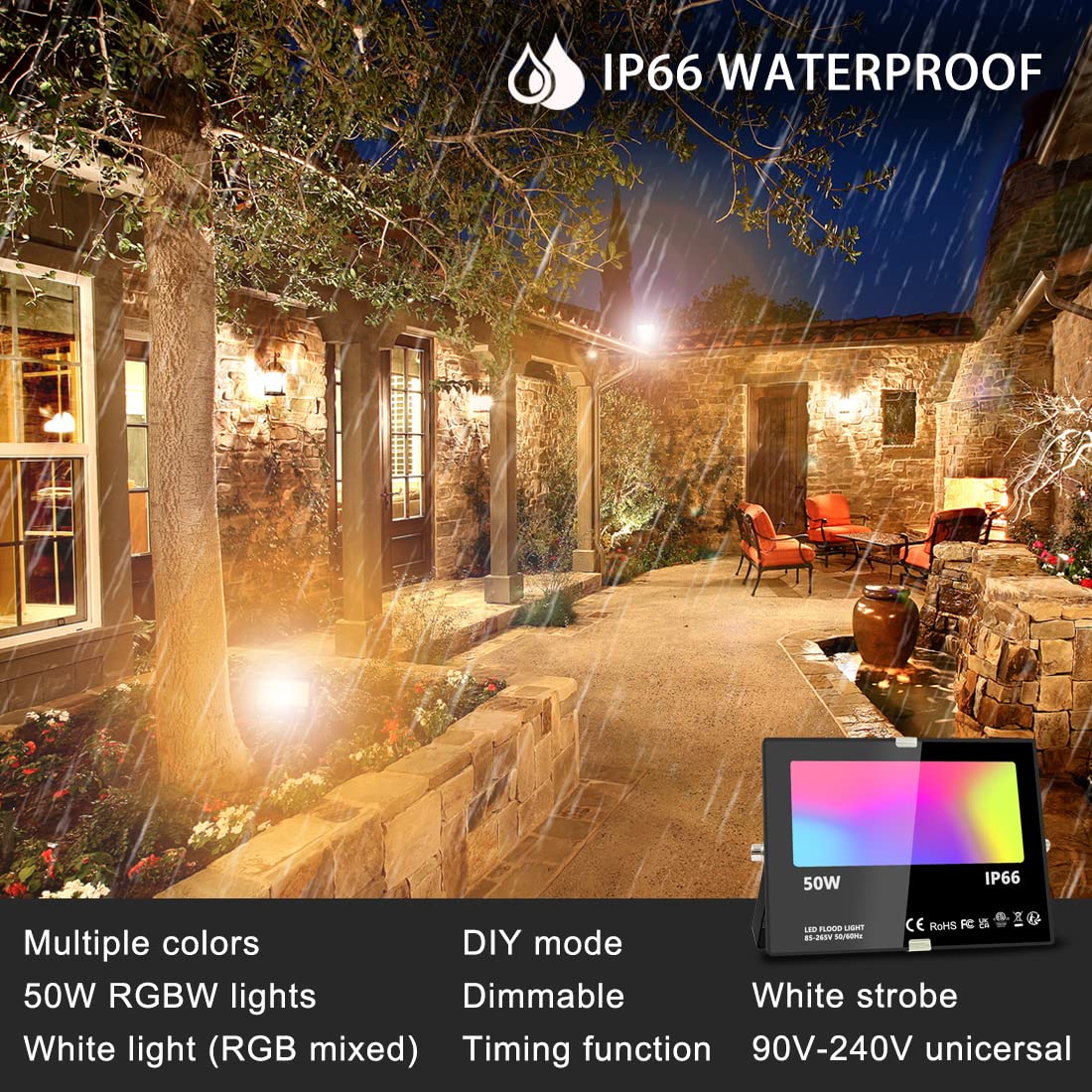 MELPO flood light showing 120 colors for vibrant outdoor ambience.