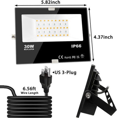 MELPO flood light delivering 3000 lumens for bright outdoor lighting.