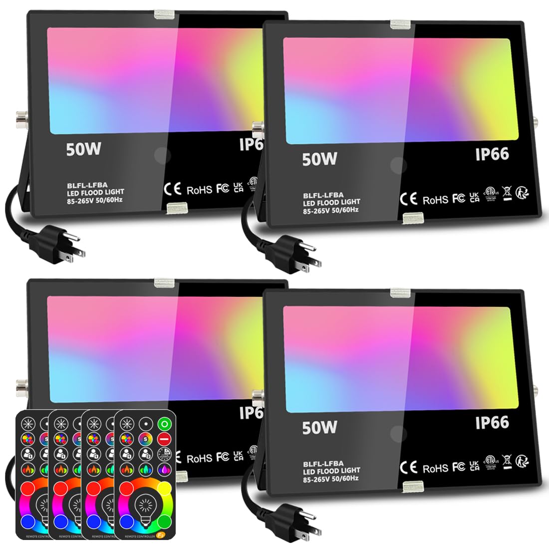 MELPO RGBW flood light with remote control for easy color and brightness adjustments.