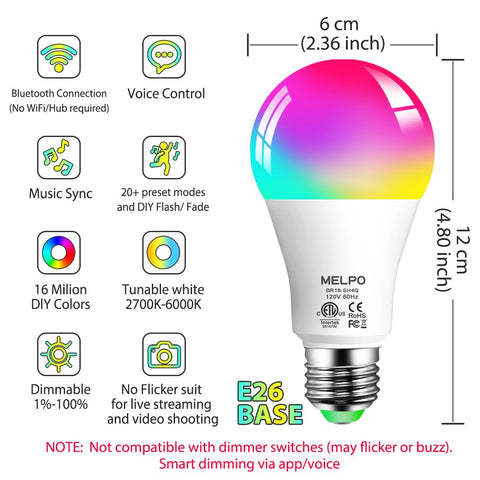 MELPO tunable white bulb in 2700K–6000K for video and reading