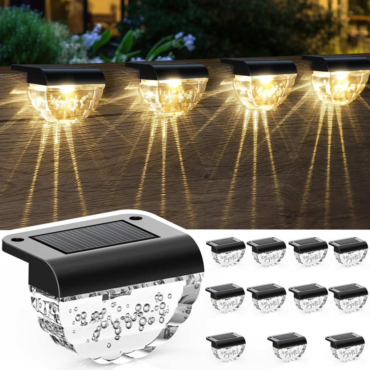 Melunar solar deck light warm white highlighting paths and steps with inviting glow