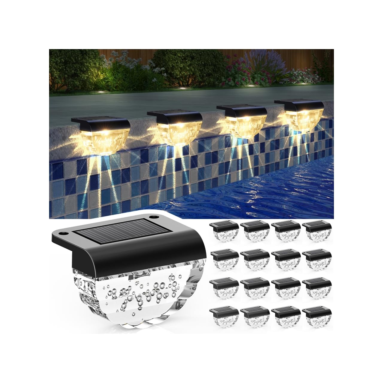 Melunar solar deck lights with warm white glow illuminating outdoor spaces