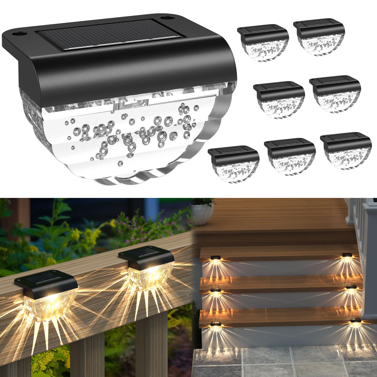 Melunar solar step light on stairs provides safe illuminated path at night.