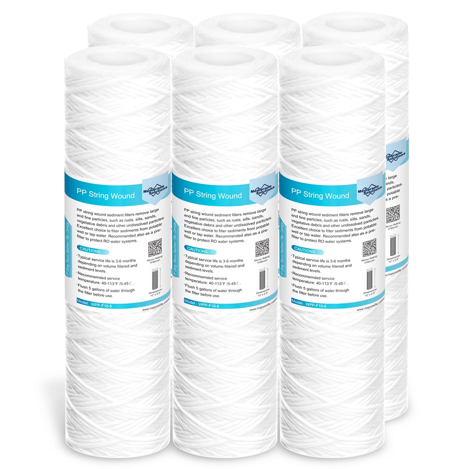 Membrane Solutions 10-micron string-wound filter close-up, showing dirt-holding capacity for longer service.