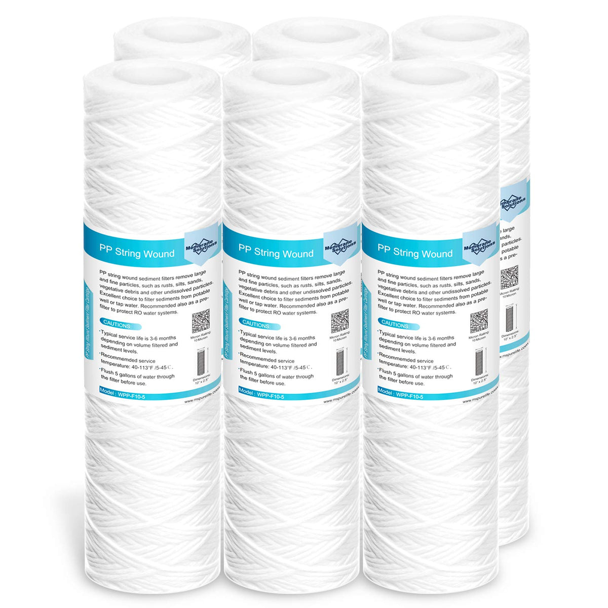 Membrane Solutions 10-micron string-wound filter close-up, showing dirt-holding capacity for longer service.