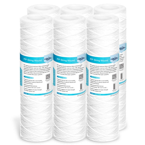Membrane Solutions 10-micron string-wound filter close-up, showing dirt-holding capacity for longer service.