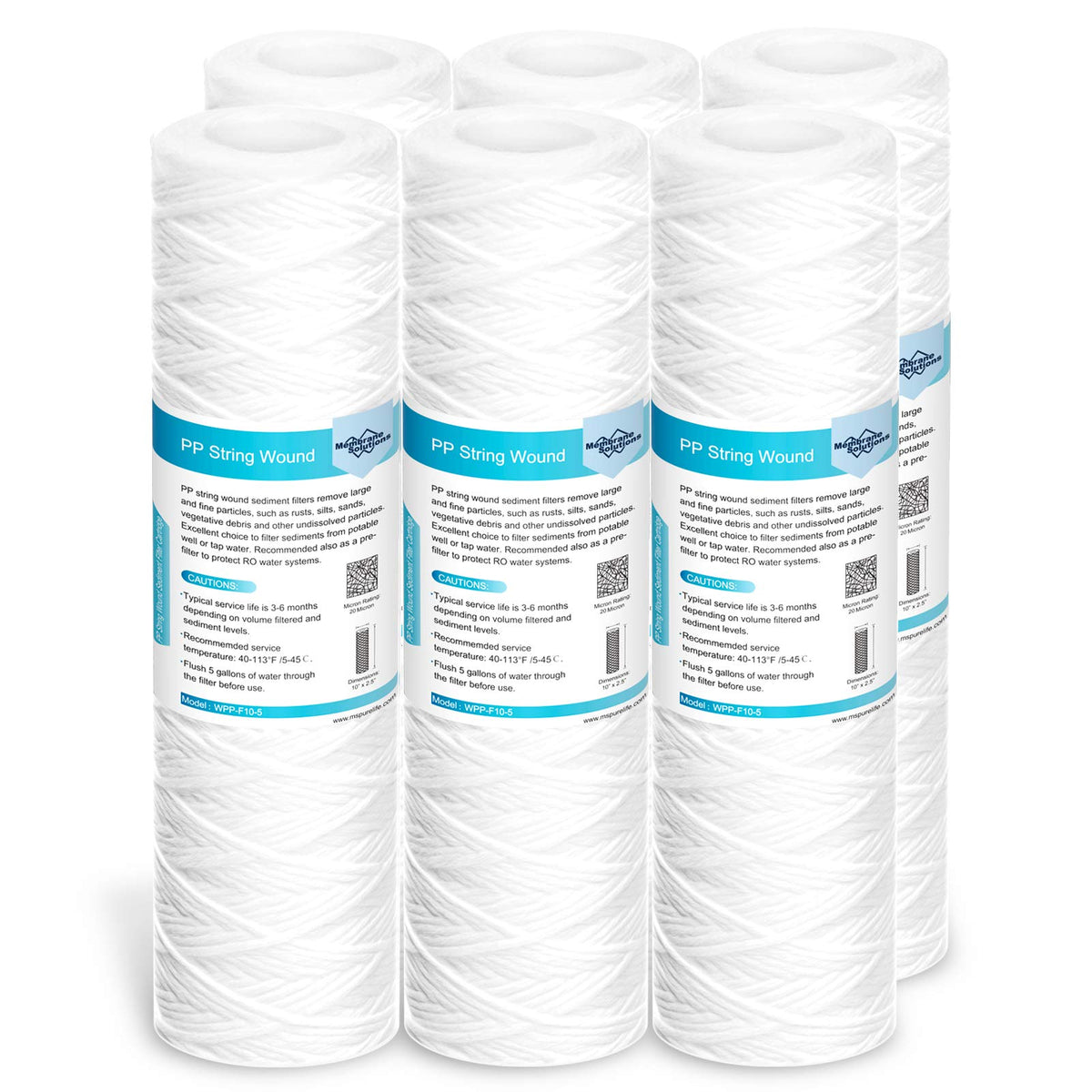 Membrane Solutions 20 micron string-wound filter captures sediment before appliances.