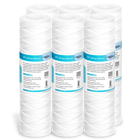 Membrane Solutions 20 micron string-wound filter captures sediment before appliances.