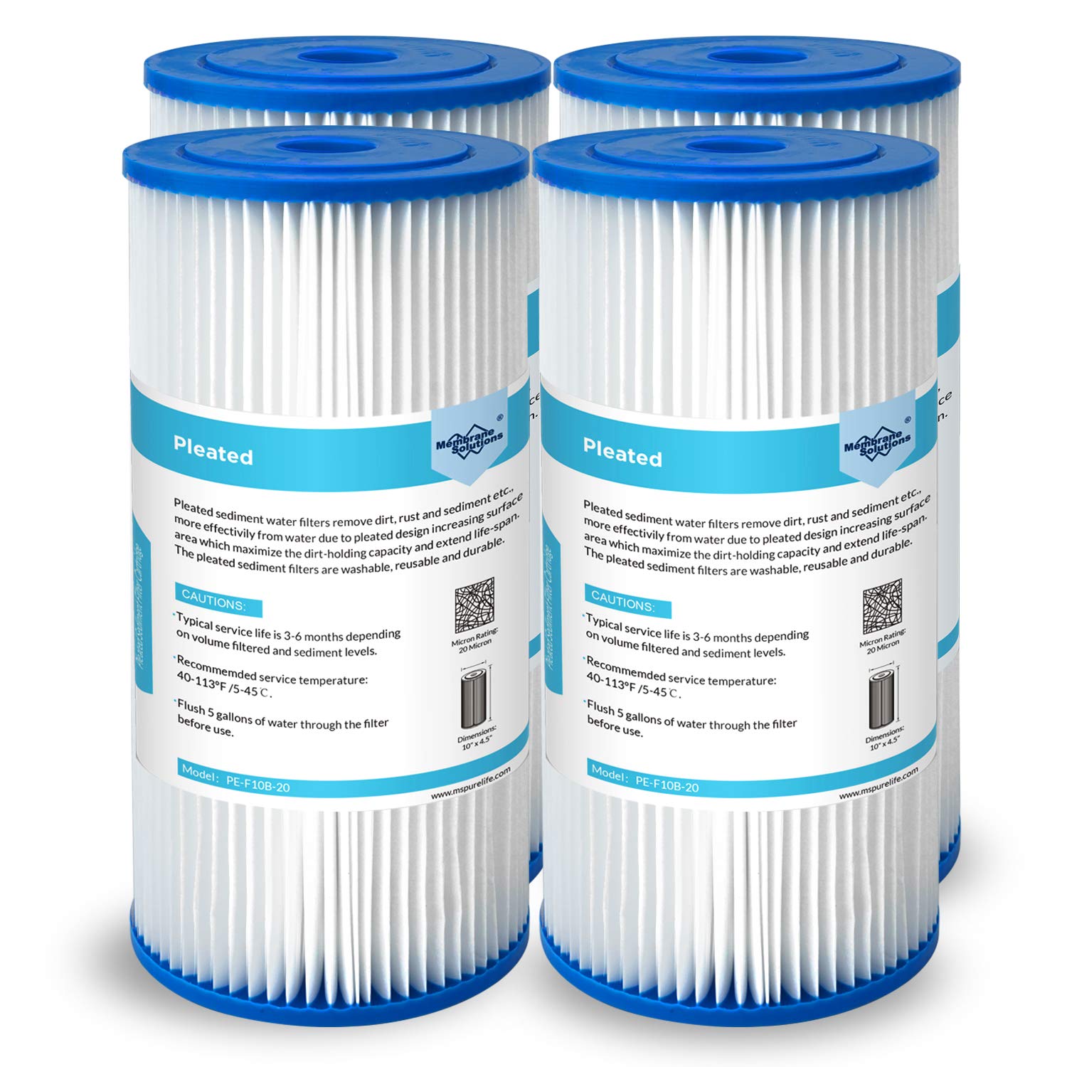Membrane Solutions 20 micron pleated filter front packaging for durable sediment filtration.