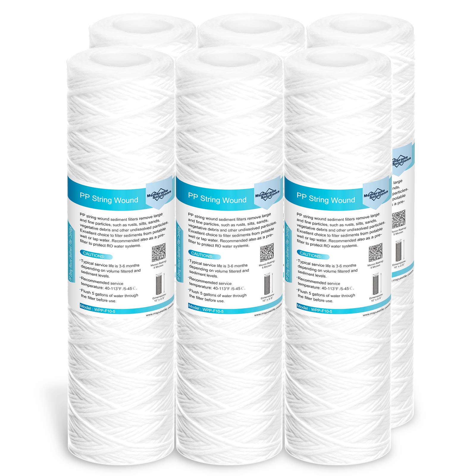 Membrane Solutions 5 Micron string-wound filter close-up capturing sediment for clearer water