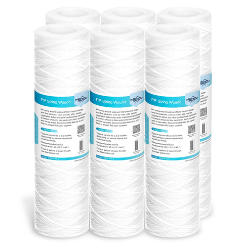Membrane Solutions 5 Micron string-wound filter close-up capturing sediment for clearer water